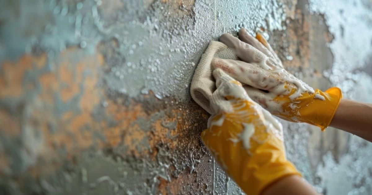 Muur met schoonmaakmiddel poetsen